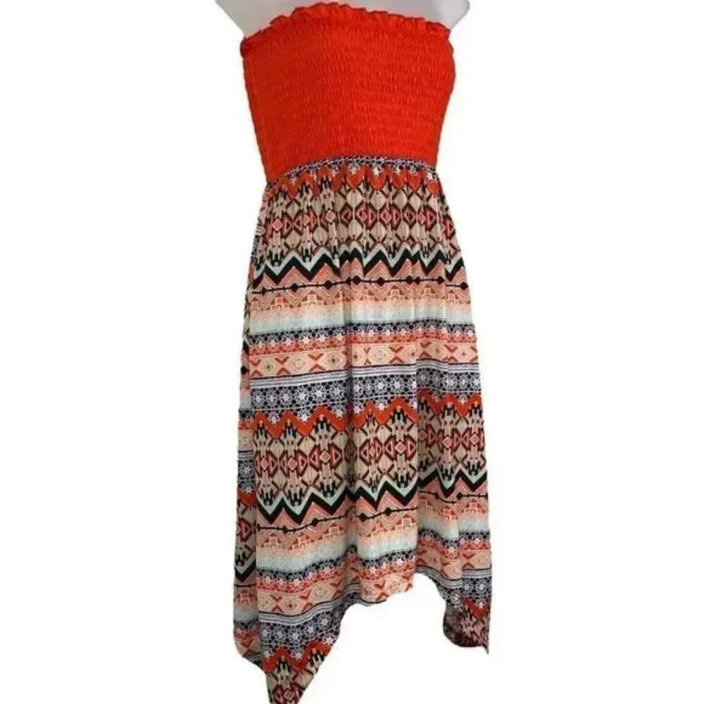B&B BOUTIQUE WOMEN'S STRAPLESS ELASTIC TOP FLOWY AZTEC PRINT‎ DRESS MEDIUM-EUC